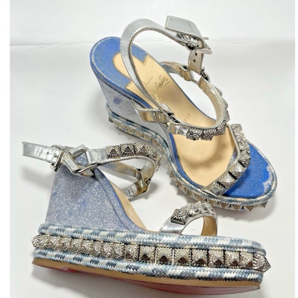 Christian Louboutin Silver Studded Wedge Sandals - Picture 3 of 11